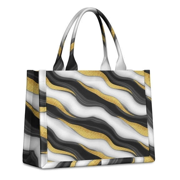 Large Capacity Tote Bag,Black White Marble Gold Wave Pattern Handbag Fashion Luxury Tote Bag,15.7"x13"x 5.1" Inches,Laptop Compatible