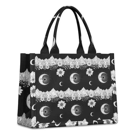 Large Capacity Tote Bag,Black White Moon Flower Mountain Pattern Handbag Fashion Luxury Tote Bag,15.7"x13"x 5.1" Inches,Laptop Compatible
