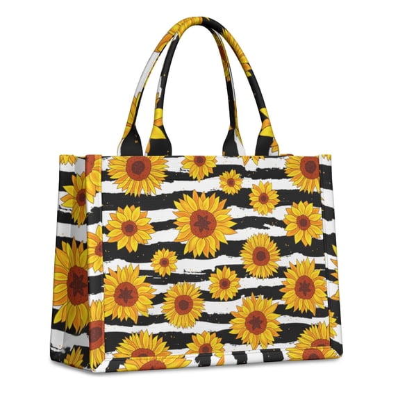 Large Capacity Tote Bag,Black White Stripe Sunflower Pattern Handbag Fashion Luxury Tote Bag,15.7"x13"x 5.1" Inches,Laptop Compatible