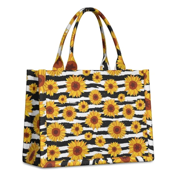 Large Capacity Tote Bag,Black White Stripe Sunflower Pattern Handbag Fashion Luxury Tote Bag,15.7"x13"x 5.1" Inches,Laptop Compatible