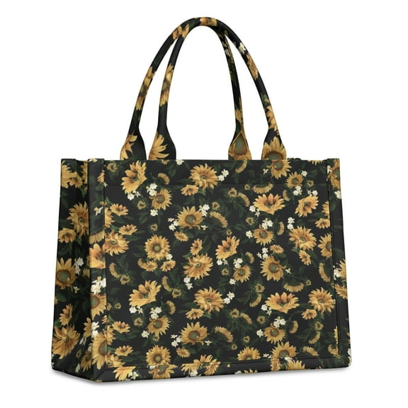 Large Capacity Tote Bag,Black Yellow White Flower Sunflower Pattern Handbag Fashion Luxury Tote Bag,15.7"x13"x 5.1" Inches,Laptop Compatible