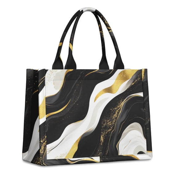 Large Capacity Tote Bag,Black and Gold Marble Layered Waves Pattern Handbag Fashion Luxury Tote Bag,15.7"x13"x 5.1" Inches,Laptop Compatible