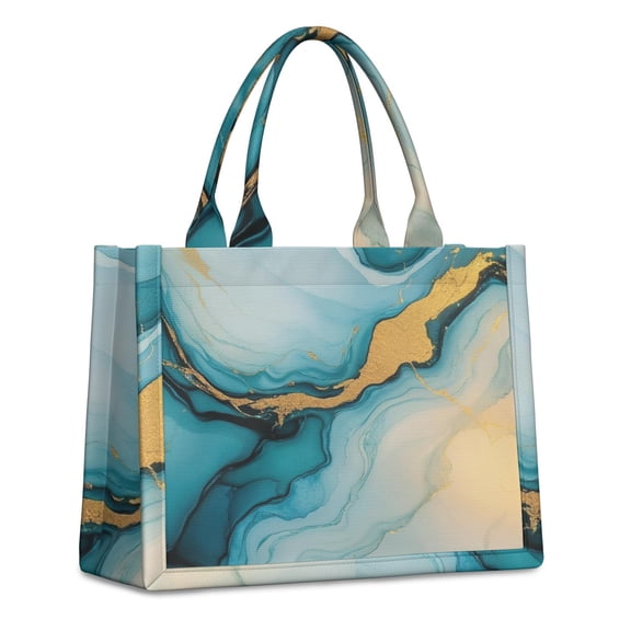 Large Capacity Tote Bag,Blue Gold Marble Pattern Handbag Fashion Luxury Tote Bag,15.7"x13"x 5.1" Inches,Laptop Compatible