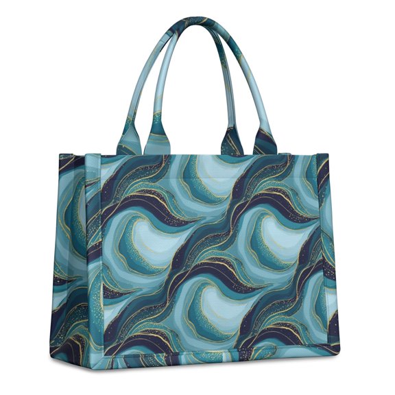 Large Capacity Tote Bag,Blue Gold Wave Marble Pattern Handbag Fashion Luxury Tote Bag,15.7"x13"x 5.1" Inches,Laptop Compatible