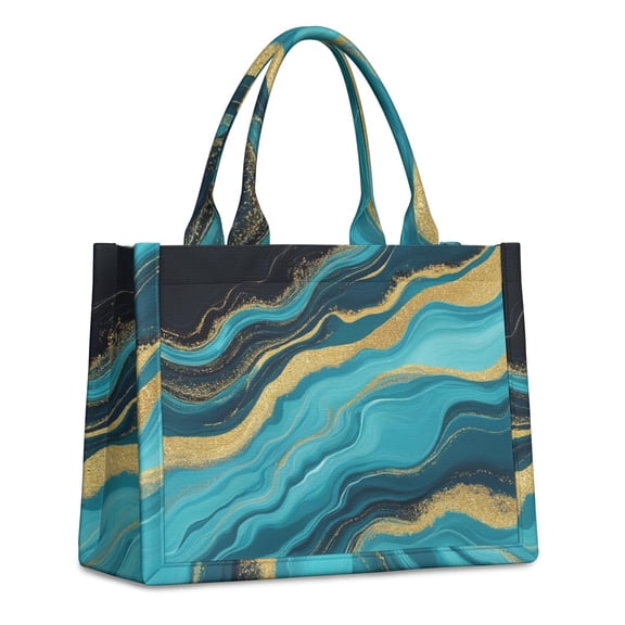 Large Capacity Tote Bag,Blue Gold Wave Marble Pattern Handbag Fashion Luxury Tote Bag,15.7"x13"x 5.1" Inches,Laptop Compatible