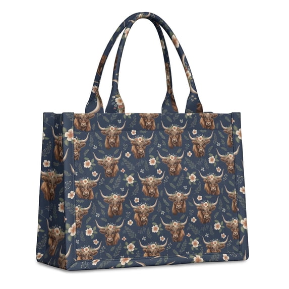 Large Capacity Tote Bag,Blue Highland Cow Flower Pattern Handbag Fashion Luxury Tote Bag,15.7"x13"x 5.1" Inches,Laptop Compatible
