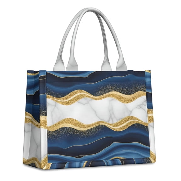 Large Capacity Tote Bag,Blue Marble Gold Wave Pattern Handbag Fashion Luxury Tote Bag,15.7"x13"x 5.1" Inches,Laptop Compatible