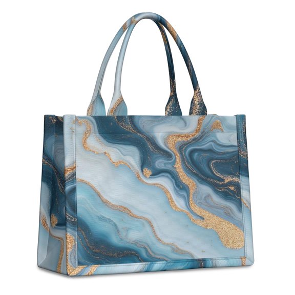 Large Capacity Tote Bag,Blue Marble Gold Wave Pattern Handbag Fashion Luxury Tote Bag,15.7"x13"x 5.1" Inches,Laptop Compatible