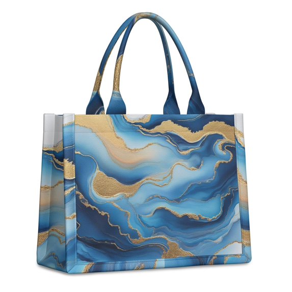 Large Capacity Tote Bag,Blue Marble Gold Wave Pattern Handbag Fashion Luxury Tote Bag,15.7"x13"x 5.1" Inches,Laptop Compatible