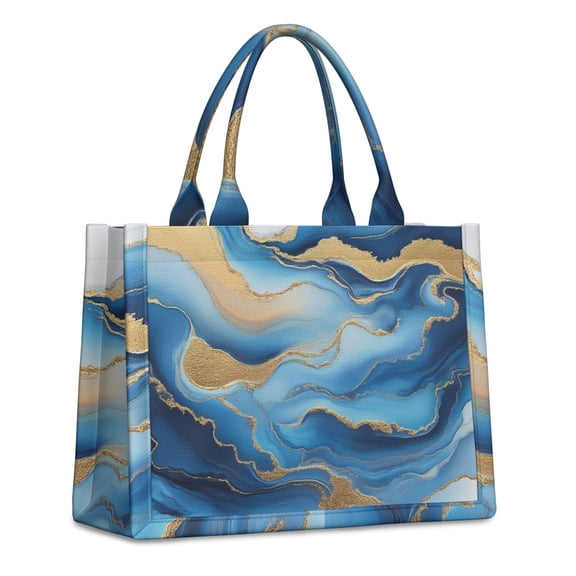 Large Capacity Tote Bag,Blue Marble Gold Wave Pattern Handbag Fashion Luxury Tote Bag,15.7"x13"x 5.1" Inches,Laptop Compatible