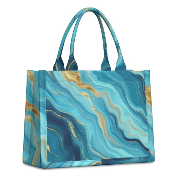 Large Capacity Tote Bag,Blue Marble Gold Wave Pattern Handbag Fashion Luxury Tote Bag,15.7"x13"x 5.1" Inches,Laptop Compatible