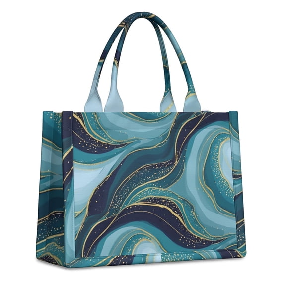Large Capacity Tote Bag,Blue Marble Gold Wave Pattern Handbag Fashion Luxury Tote Bag,15.7"x13"x 5.1" Inches,Laptop Compatible