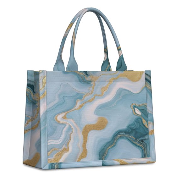 Large Capacity Tote Bag,Blue Marble Gold Wave Pattern Handbag Fashion Luxury Tote Bag,15.7"x13"x 5.1" Inches,Laptop Compatible