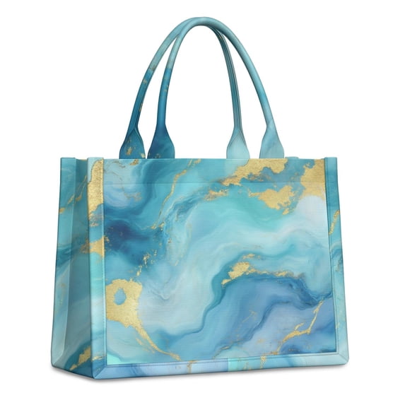 Large Capacity Tote Bag,Blue and Gold Marble Wavy Veins Pattern Handbag Fashion Luxury Tote Bag,15.7"x13"x 5.1" Inches,Laptop Compatible