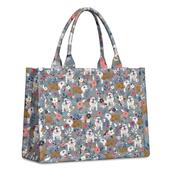 Large Capacity Tote Bag,Bulldog Dog and Flower Florals Handbag Fashion Luxury Tote Bag,15.7"x13"x 5.1" Inches,Laptop Compatible