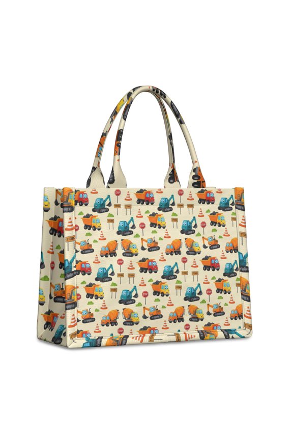 Large Capacity Tote Bag,Cartoon Construction Vehicles Signs Beige Pattern Handbag Fashion Luxury Tote Bag,15.7"x13"x 5.1" Inches,Laptop Compatible