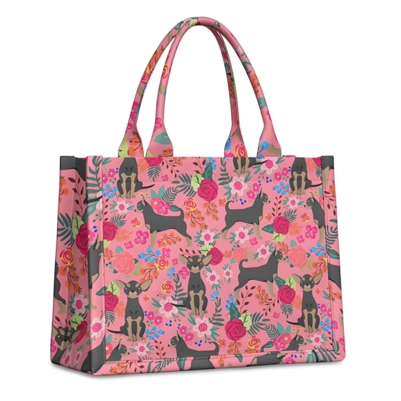 Large Capacity Tote Bag,Chihuahua and Flower Florals Handbag Fashion Luxury Tote Bag,15.7"x13"x 5.1" Inches,Laptop Compatible