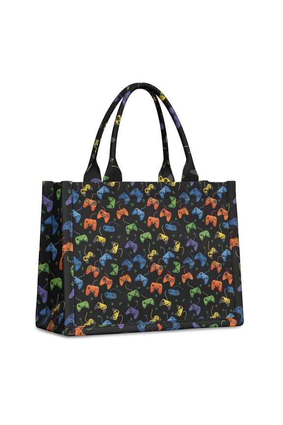 Large Capacity Tote Bag,Colorful Controllers Games Dots Black Pattern Handbag Fashion Luxury Tote Bag,15.7"x13"x 5.1" Inches,Laptop Compatible