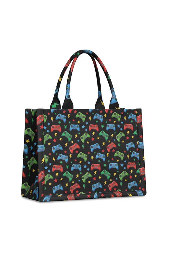 Large Capacity Tote Bag,Colorful Controllers Games Icons Black Pattern Handbag Fashion Luxury Tote Bag,15.7"x13"x 5.1" Inches,Laptop Compatible