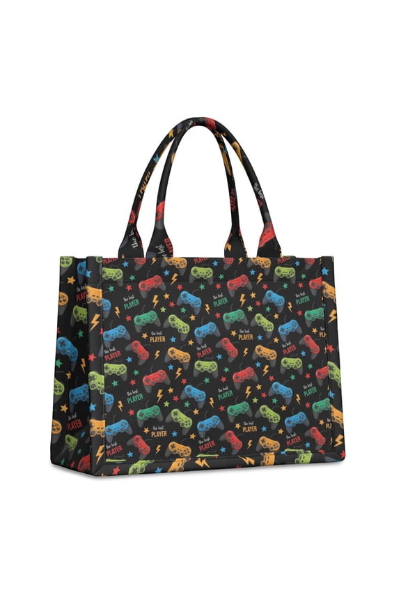 Large Capacity Tote Bag,Colorful Controllers Games Stars Black Pattern Handbag Fashion Luxury Tote Bag,15.7"x13"x 5.1" Inches,Laptop Compatible
