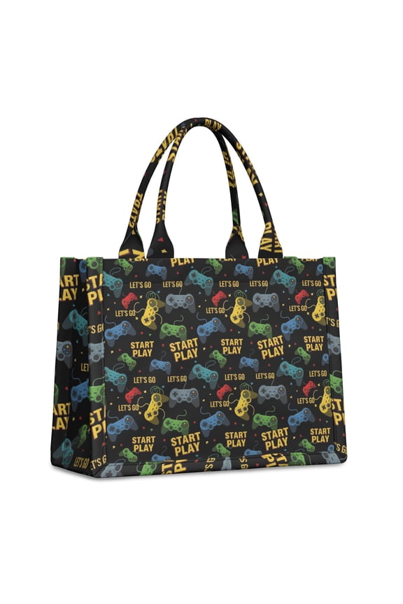 Large Capacity Tote Bag,Colorful Controllers Games Texts Black Pattern Handbag Fashion Luxury Tote Bag,15.7"x13"x 5.1" Inches,Laptop Compatible