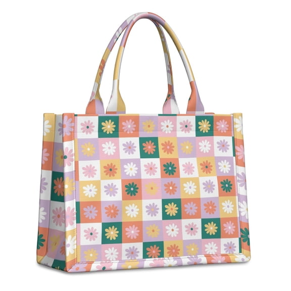 Large Capacity Tote Bag,Colorful Daisy Flower Checkered Pattern Handbag Fashion Luxury Tote Bag,15.7"x13"x 5.1" Inches,Laptop Compatible