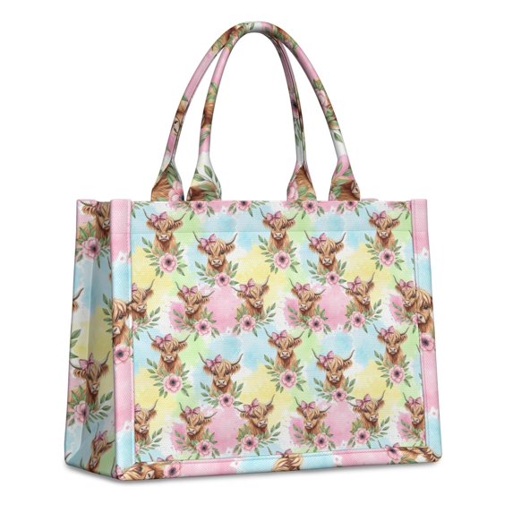 Large Capacity Tote Bag,Colorful Highland Cow Flower Pattern Handbag Fashion Luxury Tote Bag,15.7"x13"x 5.1" Inches,Laptop Compatible