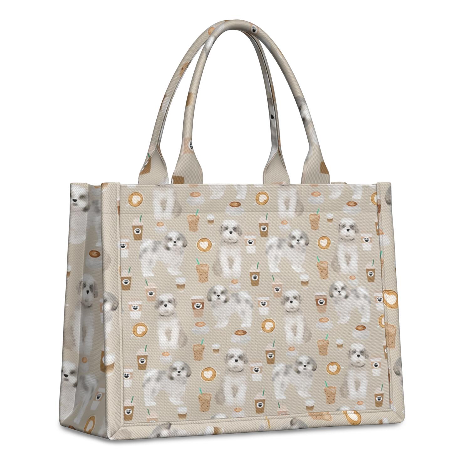 Large Capacity Tote Bag,Cute Shih Tzu Dog and Coffee Pattern Handbag Fashion Luxury Tote Bag,15.7"x13"x 5.1" Inches,Laptop Compatible