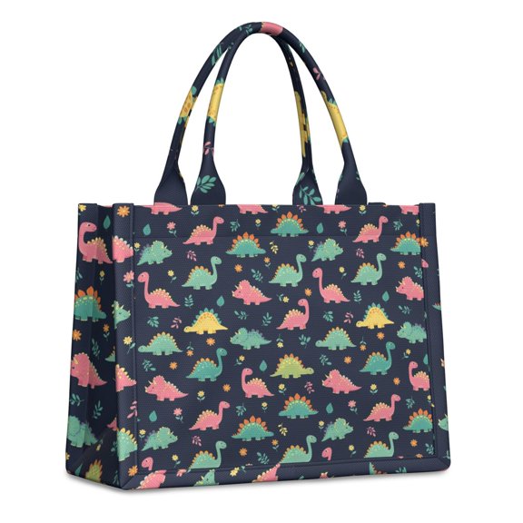 Large Capacity Tote Bag,Dark Blue Colorful Dinosaur and Flower Pattern Handbag Fashion Luxury Tote Bag,15.7"x13"x 5.1" Inches,Laptop Compatible