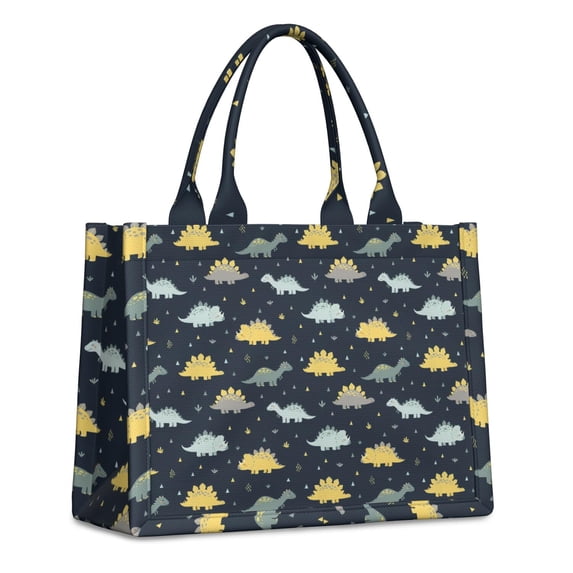 Large Capacity Tote Bag,DarkBlue Cartoon Dinosaurs Yellow Triangles Pattern Handbag Fashion Luxury Tote Bag,15.7"x13"x 5.1" Inches,Laptop Compatible