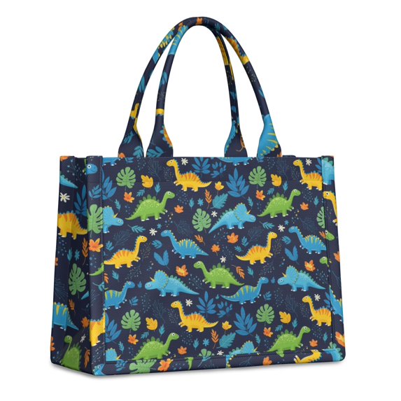 Large Capacity Tote Bag,DarkBlue Colorful Dinosaurs Leaves Pattern Handbag Fashion Luxury Tote Bag,15.7"x13"x 5.1" Inches,Laptop Compatible