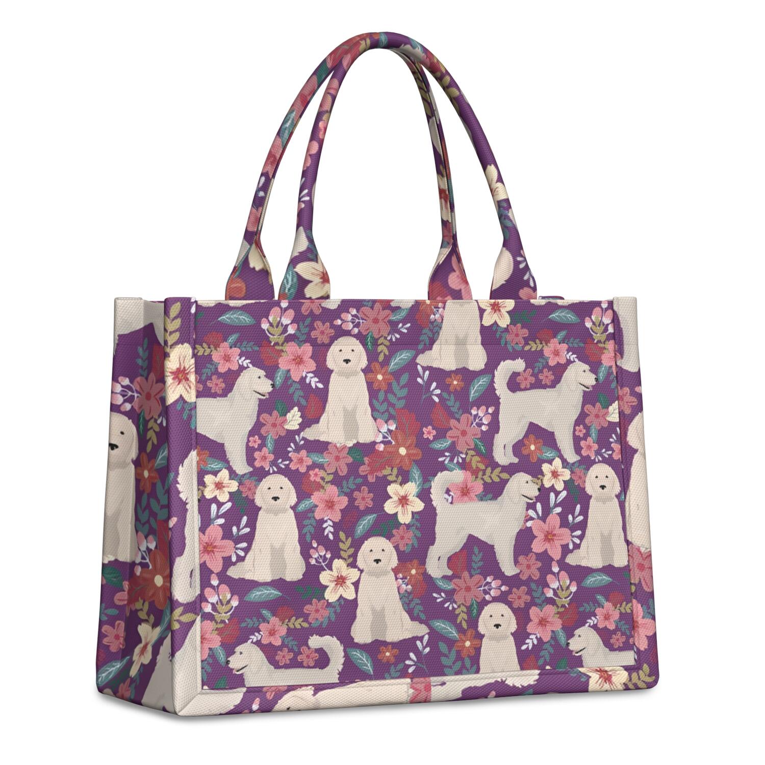 Large Capacity Tote Bag,Goldendoodle Dog and Flower Floral Handbag Fashion Luxury Tote Bag,15.7"x13"x 5.1" Inches,Laptop Compatible