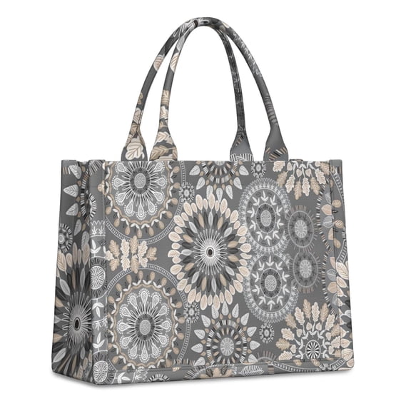 Large Capacity Tote Bag,Gray Floral Mandala and Leaf Pattern Handbag Fashion Luxury Tote Bag,15.7"x13"x 5.1" Inches,Laptop Compatible