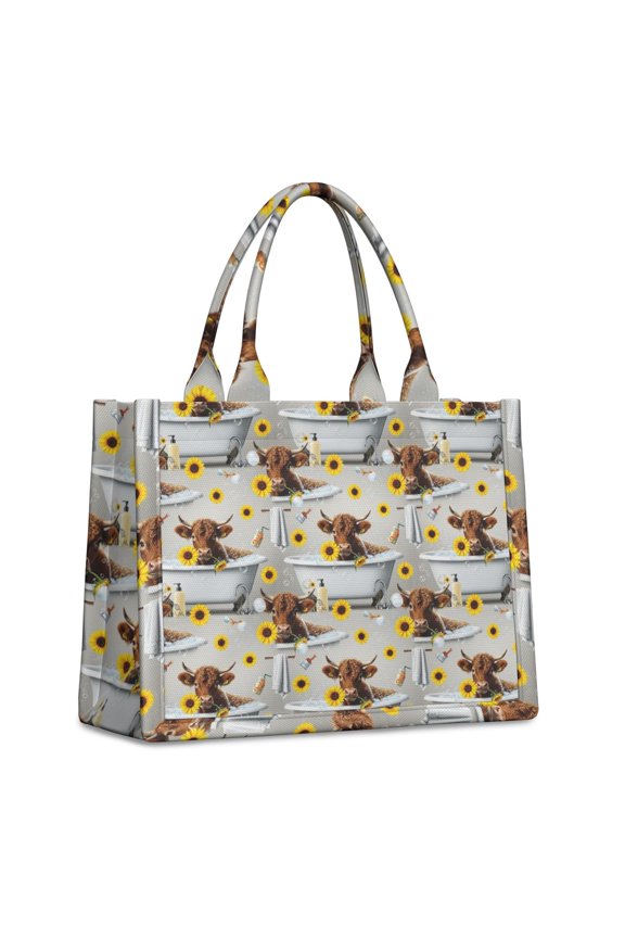 Large Capacity Tote Bag,Gray Highland Cow Bathtub Sunflower Pattern Handbag Fashion Luxury Tote Bag,15.7"x13"x 5.1" Inches,Laptop Compatible