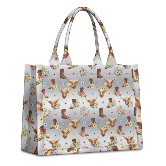 Large Capacity Tote Bag,Gray Highland Cow Flower Boot Pattern Handbag Fashion Luxury Tote Bag,15.7"x13"x 5.1" Inches,Laptop Compatible