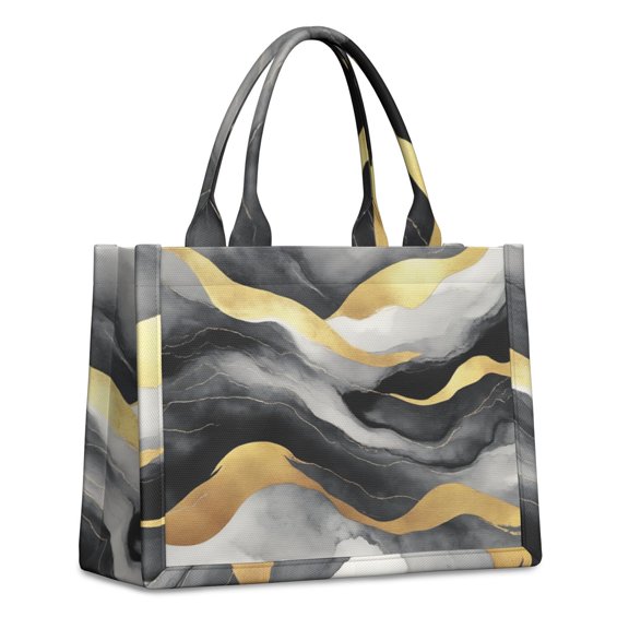 Large Capacity Tote Bag,Gray and Gold Marble Golden Lines Pattern Handbag Fashion Luxury Tote Bag,15.7"x13"x 5.1" Inches,Laptop Compatible