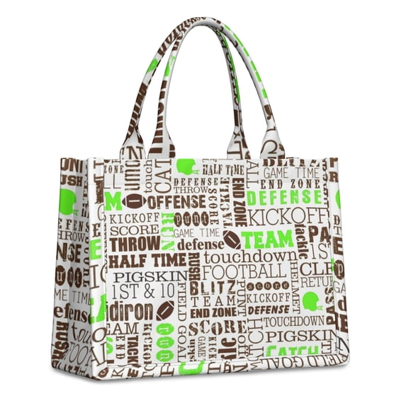 Large Capacity Tote Bag,Green Brown Football Words Pattern Handbag Fashion Luxury Tote Bag,15.7"x13"x 5.1" Inches,Laptop Compatible