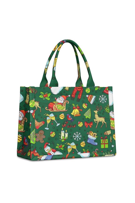 Large Capacity Tote Bag,Green Christmas Santa and Snowman Pattern Handbag Fashion Luxury Tote Bag,15.7"x13"x 5.1" Inches,Laptop Compatible
