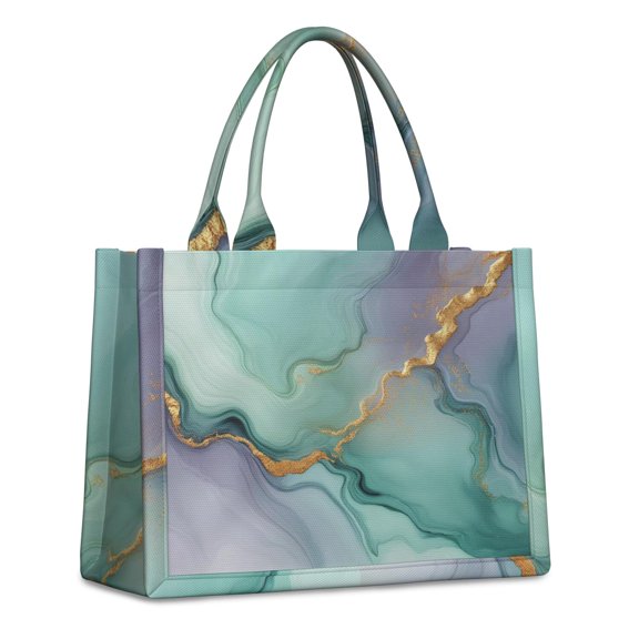 Large Capacity Tote Bag,Green Purple Gold Marble Pattern Handbag Fashion Luxury Tote Bag,15.7"x13"x 5.1" Inches,Laptop Compatible