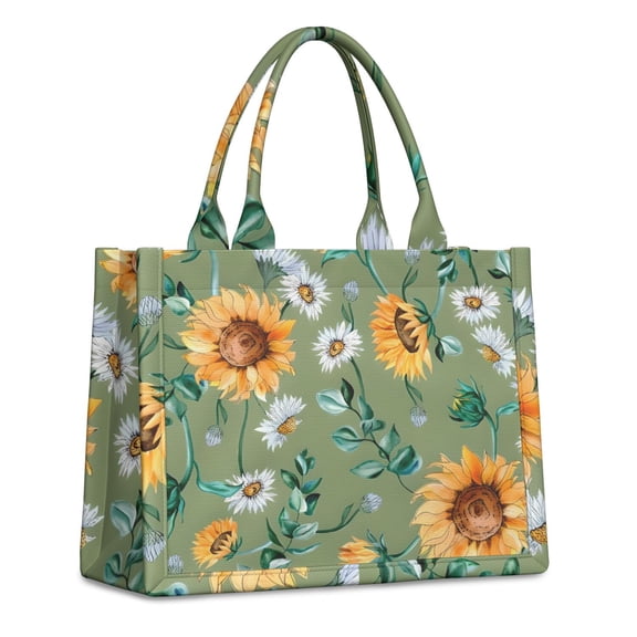 Large Capacity Tote Bag,Green White Daisy Sunflower Pattern Handbag Fashion Luxury Tote Bag,15.7"x13"x 5.1" Inches,Laptop Compatible