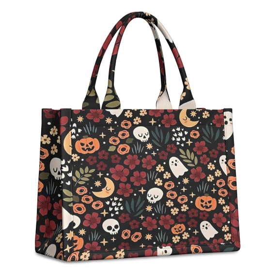 Large Capacity Tote Bag,Halloween Floral Ghosts Pattern Handbag Fashion Luxury Tote Bag,15.7"x13"x 5.1" Inches,Laptop Compatible