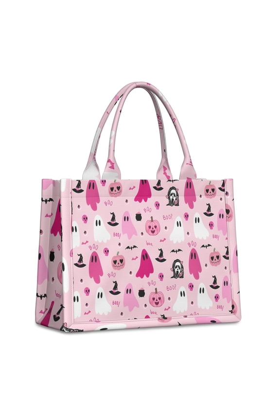 Large Capacity Tote Bag,Halloween Pink Ghosts and Witchy Elements Handbag Fashion Luxury Tote Bag,15.7"x13"x 5.1" Inches,Laptop Compatible