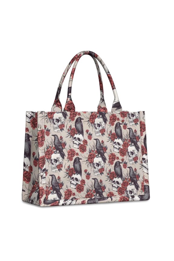 Large Capacity Tote Bag,Halloween Skulls Ravens and Roses Handbag Fashion Luxury Tote Bag,15.7"x13"x 5.1" Inches,Laptop Compatible