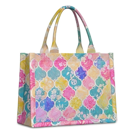 Large Capacity Tote Bag,Multi Color Floral Checkered Pattern Handbag Fashion Luxury Tote Bag,15.7"x13"x 5.1" Inches,Laptop Compatible