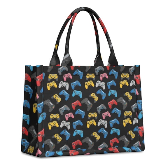 Large Capacity Tote Bag,Multicolor Controllers Games Icons Black Pattern Handbag Fashion Luxury Tote Bag,15.7"x13"x 5.1" Inches,Laptop Compatible