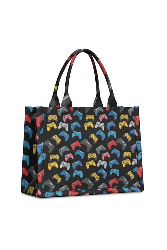 Large Capacity Tote Bag,Multicolor Controllers Games Icons Black Pattern Handbag Fashion Luxury Tote Bag,15.7"x13"x 5.1" Inches,Laptop Compatible