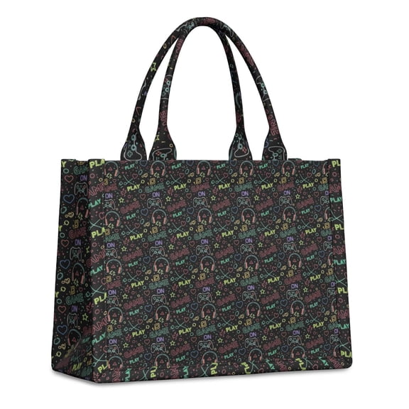 Large Capacity Tote Bag,Multicolor Controllers Games Icons Black Pattern Handbag Fashion Luxury Tote Bag,15.7"x13"x 5.1" Inches,Laptop Compatible