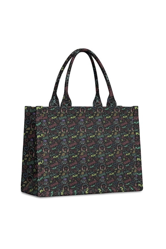 Large Capacity Tote Bag,Multicolor Controllers Games Icons Black Pattern Handbag Fashion Luxury Tote Bag,15.7"x13"x 5.1" Inches,Laptop Compatible