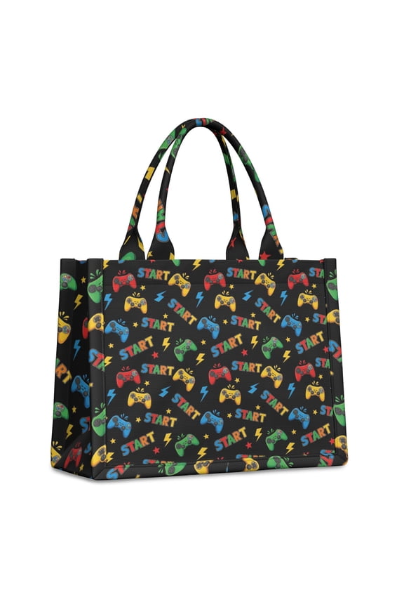 Large Capacity Tote Bag,Multicolor Controllers Games Icons Black Pattern Handbag Fashion Luxury Tote Bag,15.7"x13"x 5.1" Inches,Laptop Compatible