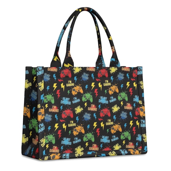 Large Capacity Tote Bag,Multicolor Controllers Games Icons Black Pattern Handbag Fashion Luxury Tote Bag,15.7"x13"x 5.1" Inches,Laptop Compatible